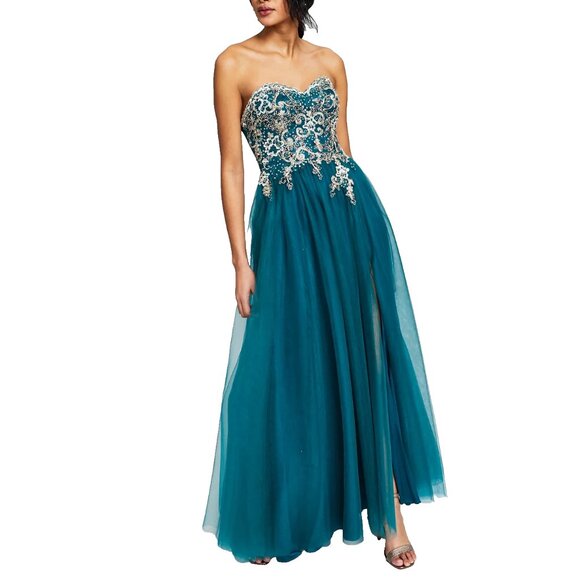 Blondie Nites Juniors' Strapless Mesh Ball Gown Teal Size 3 - Picture 1 of 2